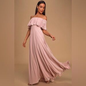 Lulus Maxi Dress Womens XS Blush Pink Lace Off Shoulder Romantic Fairycore‎ Gown